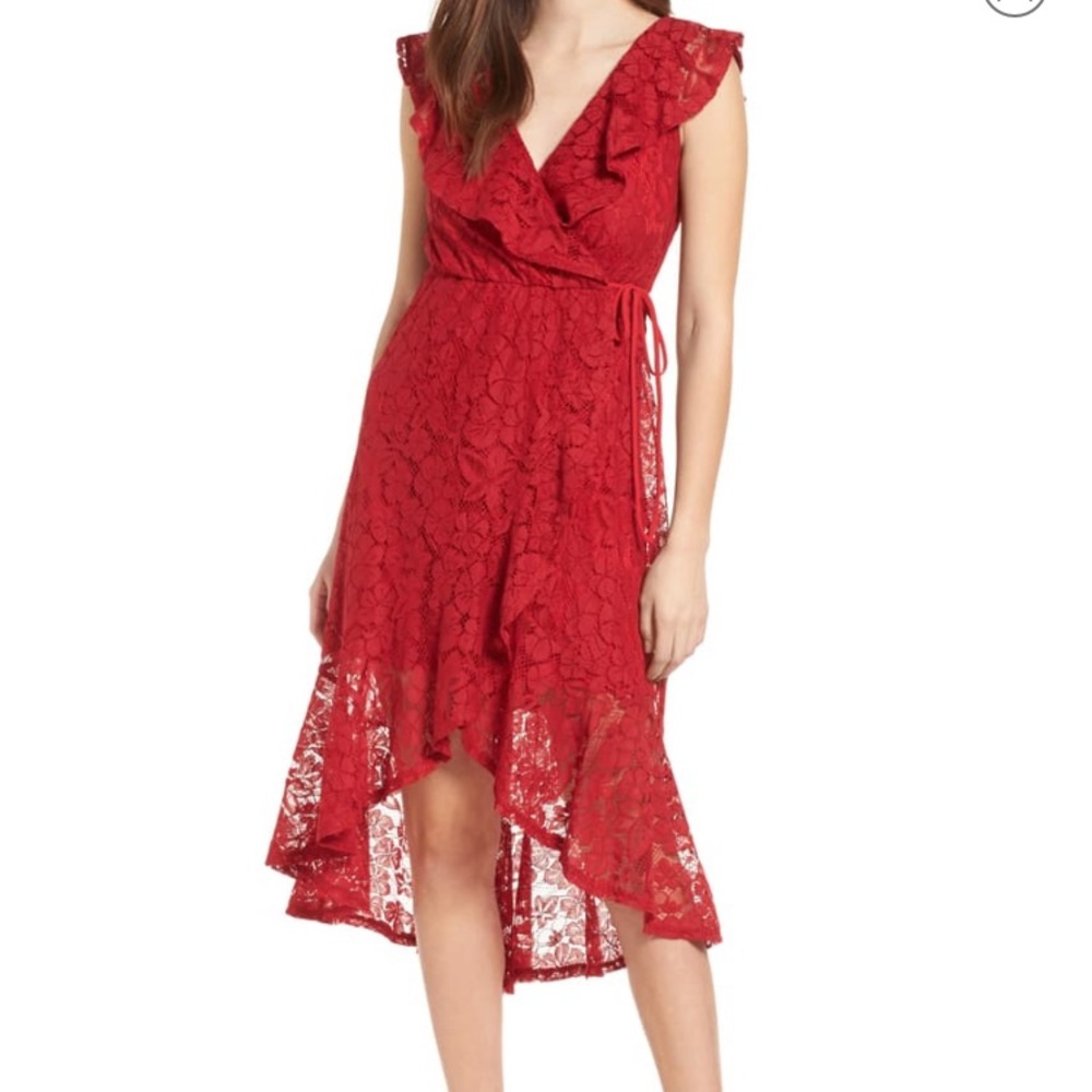 🎉HOST PICK🎉Nordstrom Red Ruffle Lace Wrap Dress